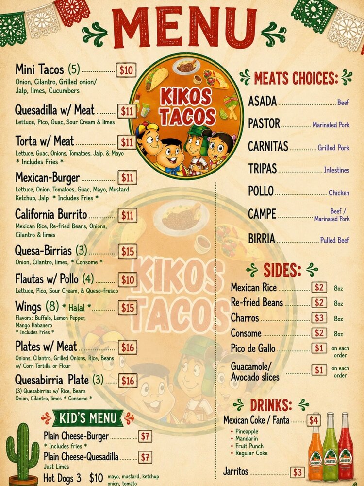 Kiko's Tacos full menu board — tacos, quesadillas, tortas, plates, sides and drinks